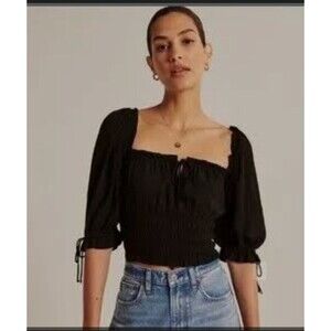 Abercrombie & Fitch Stringy Ruched Milkmaid Cropped Blouse Sz S 3/4 Puff Sleeve